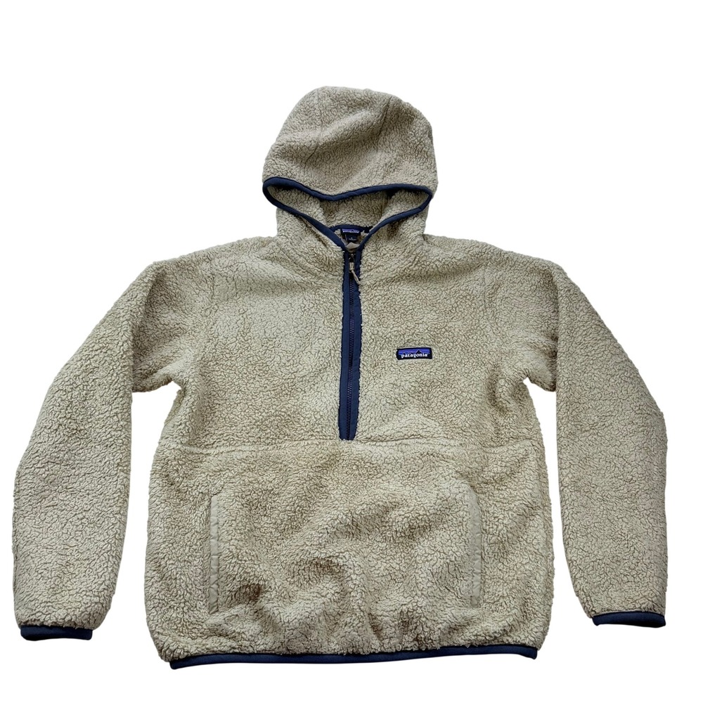 Patagonia Los Gatos Hooded Quarter Zip Fleece Pullover Tan Beige Navy Trim Women